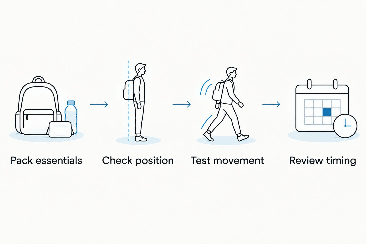 Four handbag checks: packing essentials, carrying position, movement, and timing
