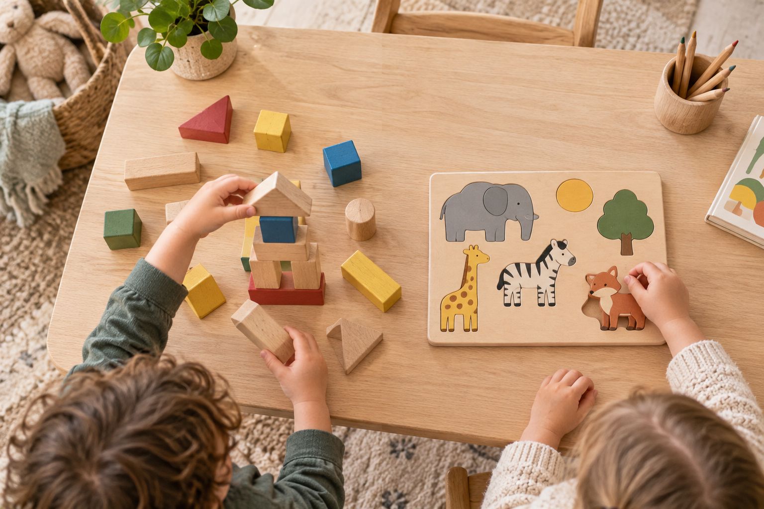 Wooden blocks and an animal puzzle showing free building beside picture matching.