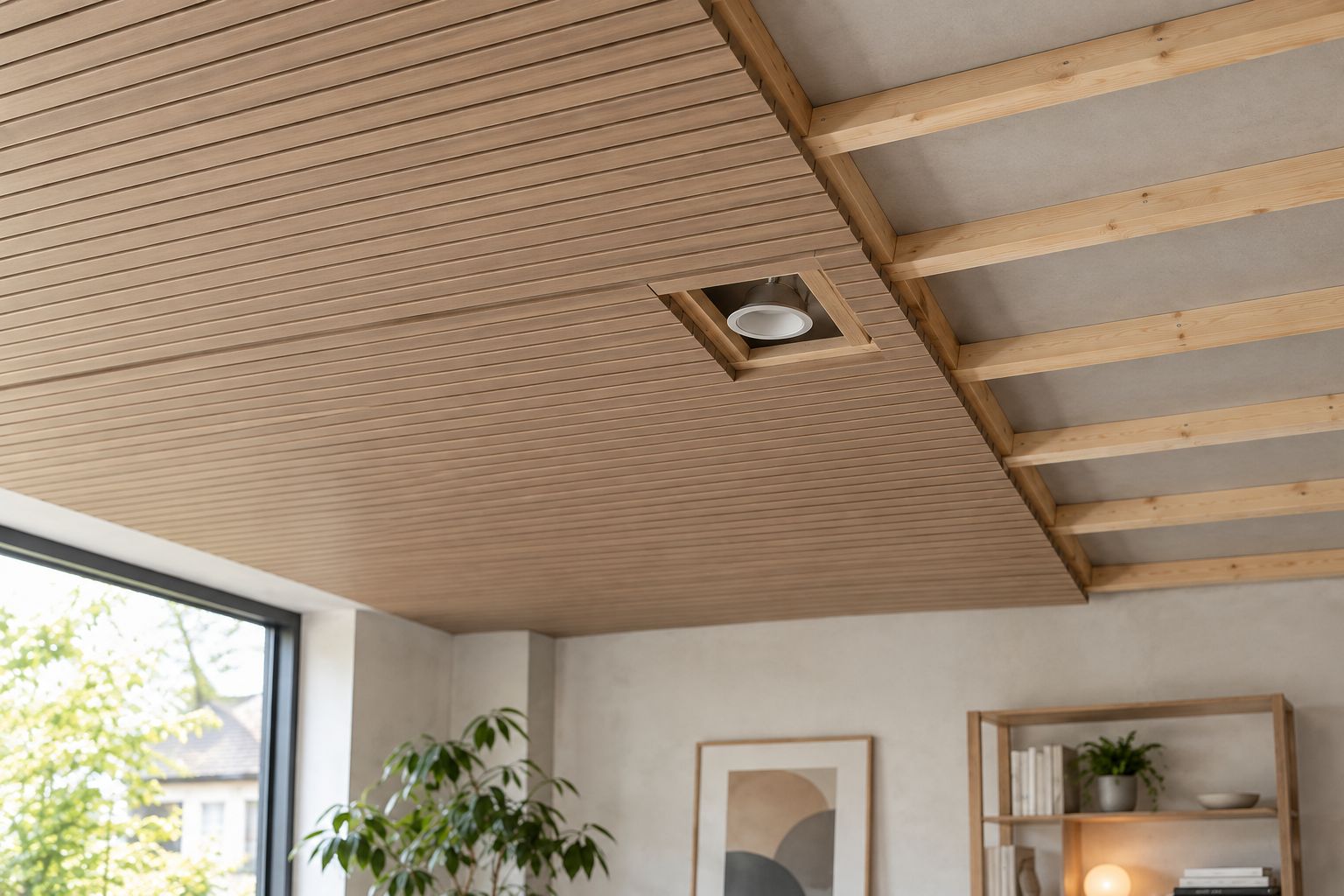 Partially installed wood slat ceiling showing panel direction, support positions, and a planned light opening