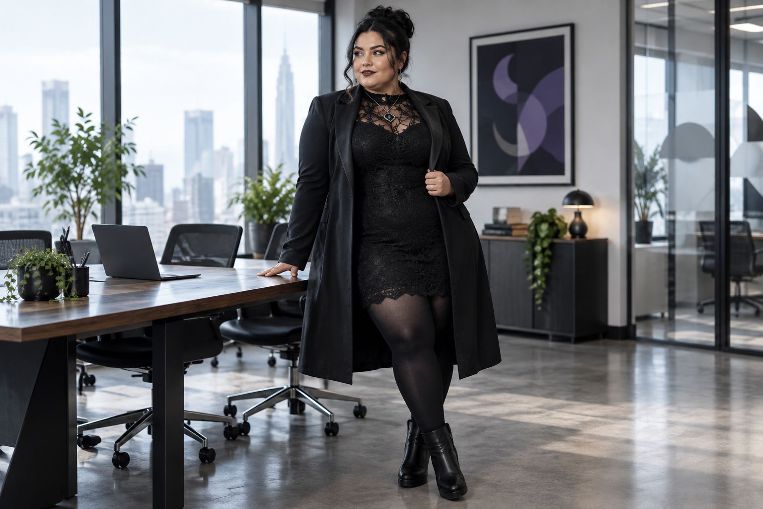 Plus size black long sleeve maxi cardigan worn over a black lace dress in an office