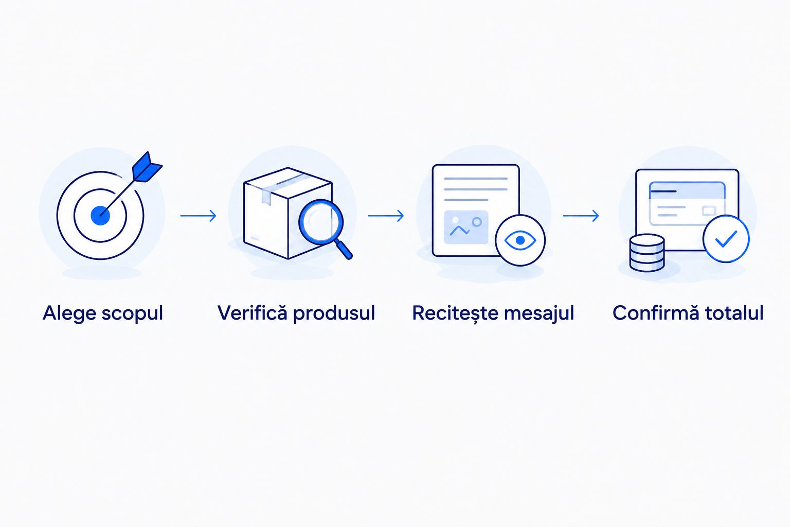 Pașii verificării unei comenzi: scop, produs, mesaj și total.
