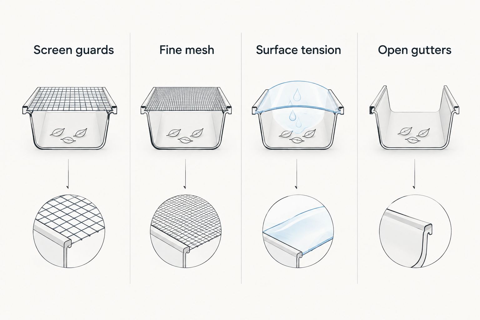 Four gutter protection approaches compared using simple cross-sectional illustrations