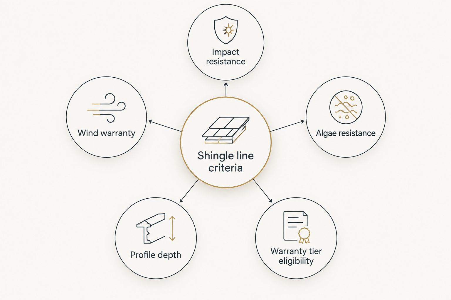 Diagram showing five criteria used to rank GAF shingle lines