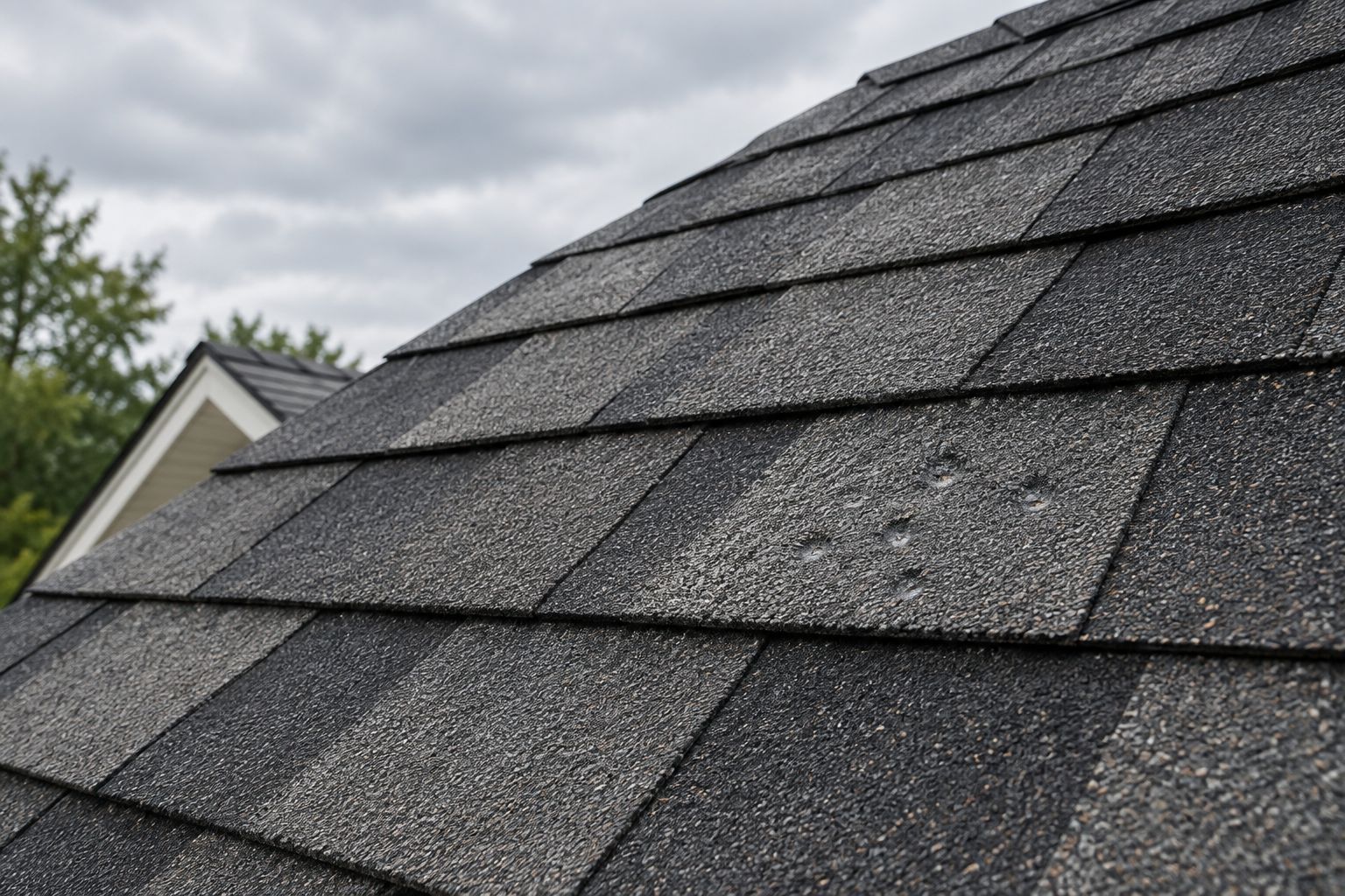 Close-up of architectural shingles on a roof slope with faint hail impact marks