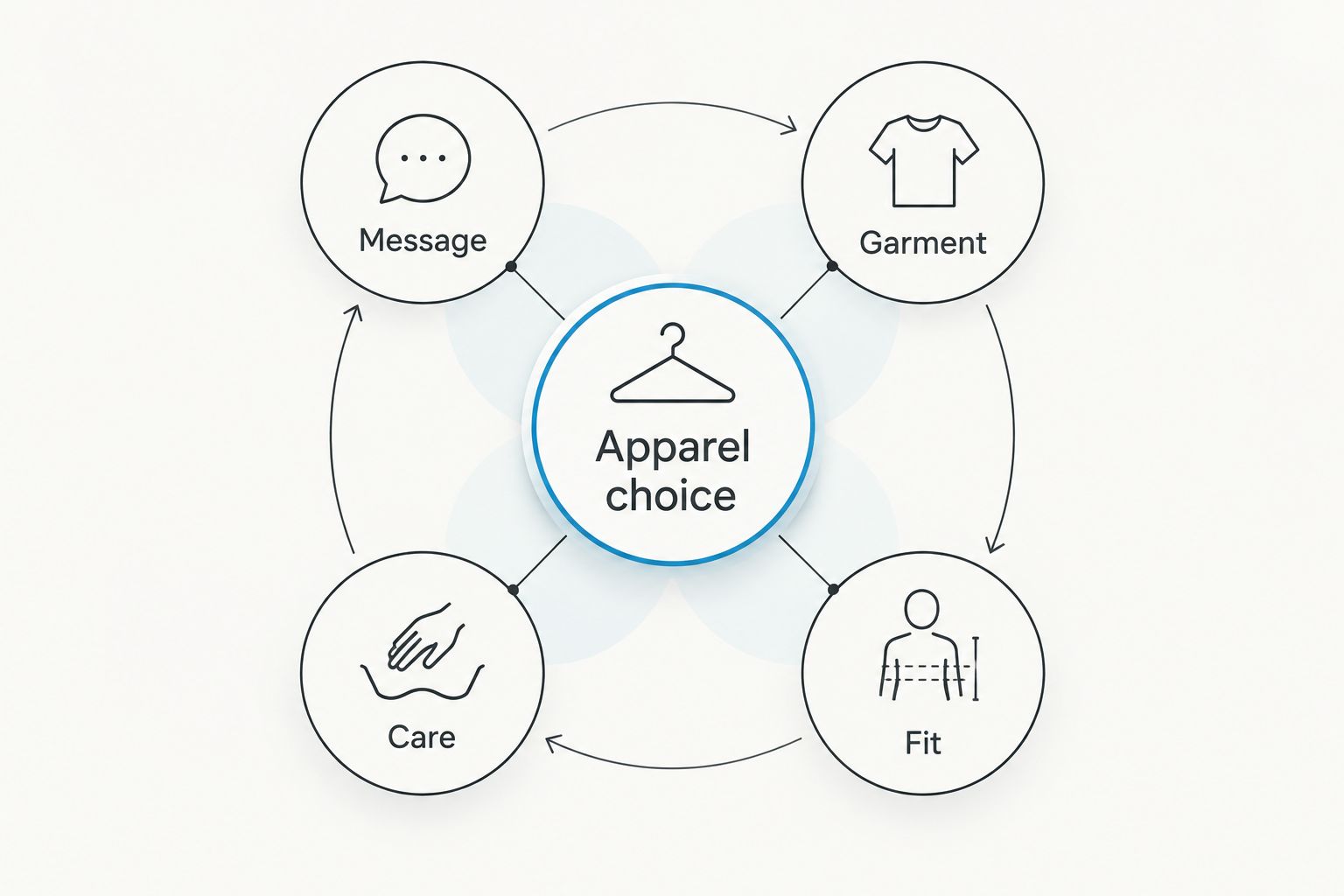 Four apparel checks: message, garment, fit, and care