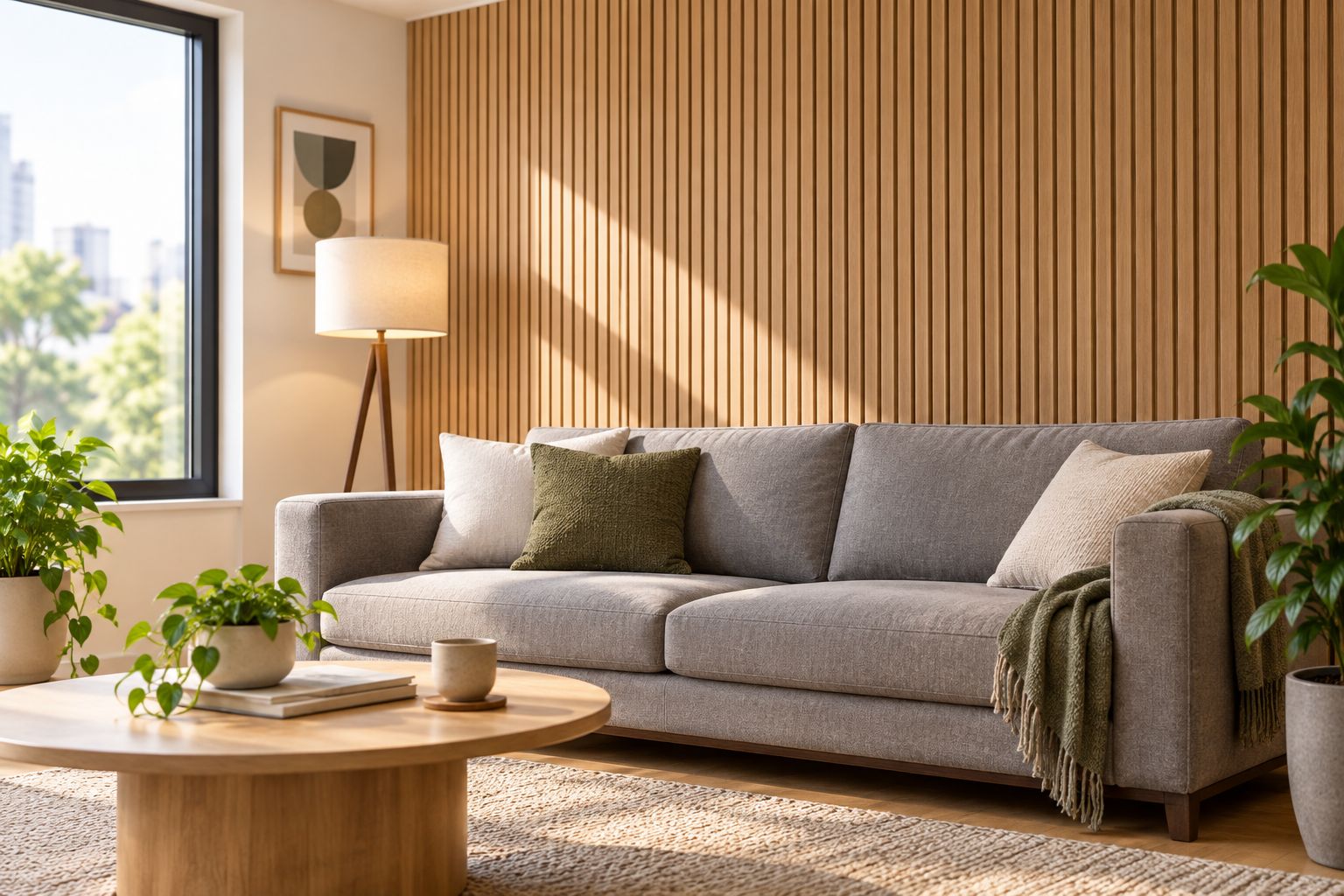 Light oak slat acoustic wall panel behind a living room sofa