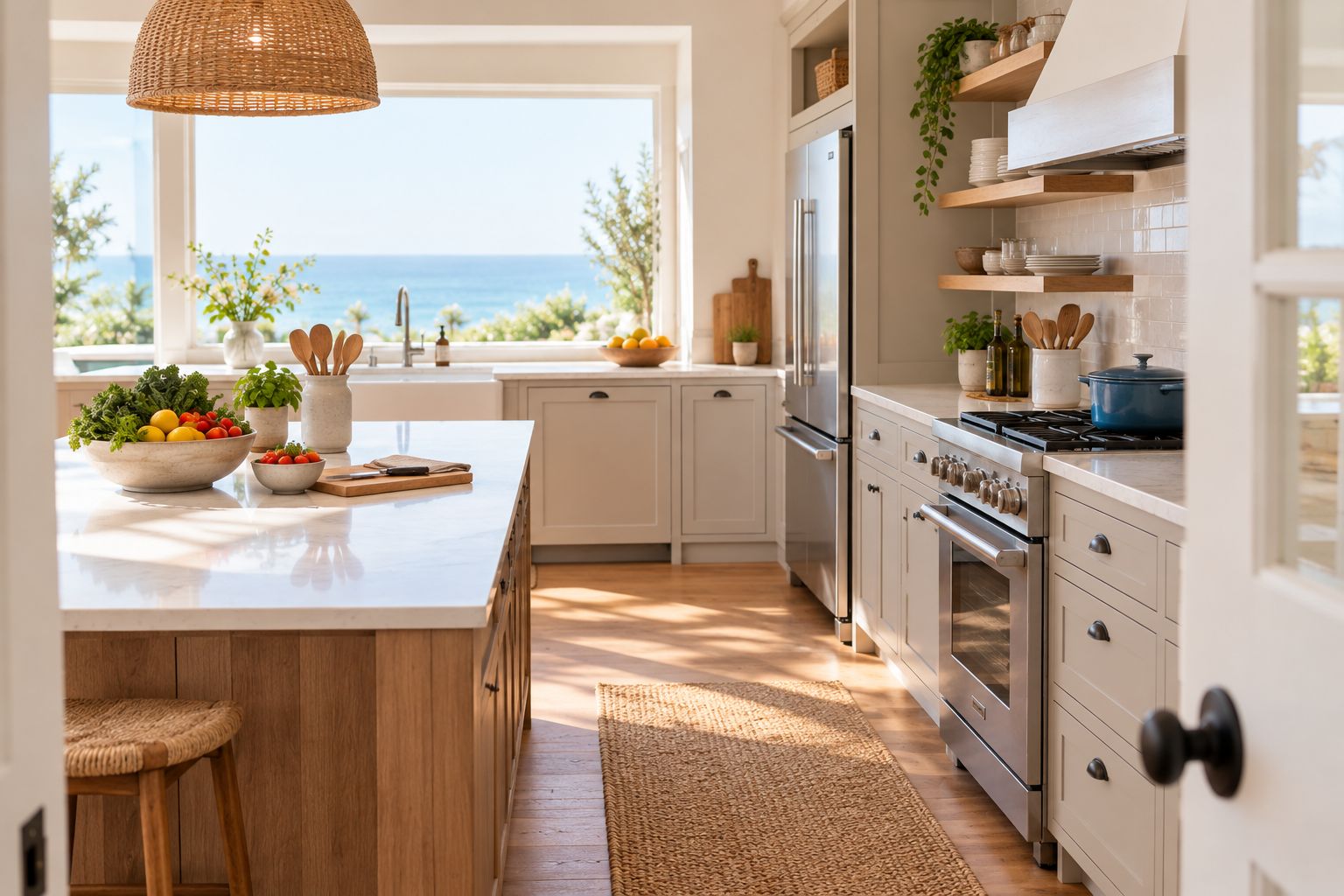 Vacation rental kitchen with clear counters, appliances, and cookware visible