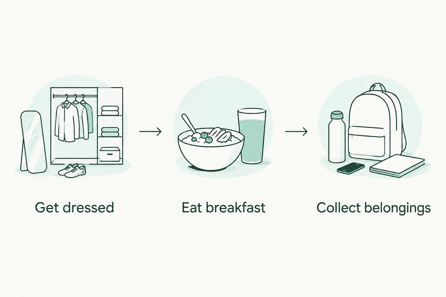 A simple morning sequence: get dressed, eat breakfast, and collect belongings.
