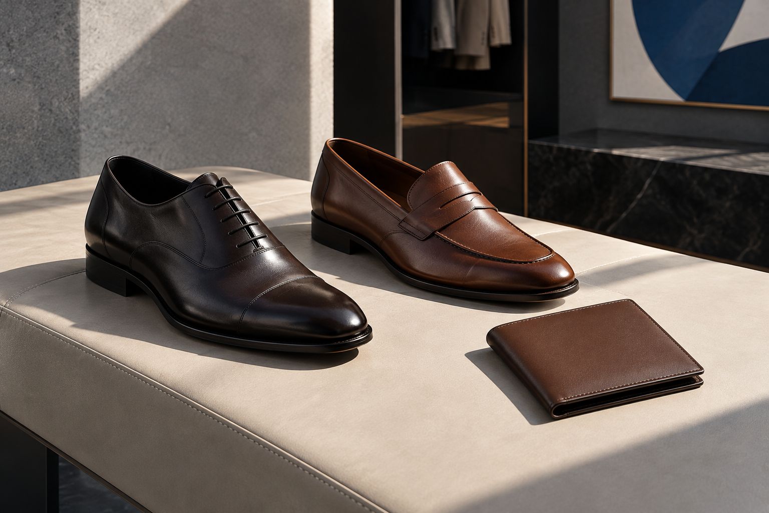 Plain leather wallet beside dark and warm brown shoes in a dressing room