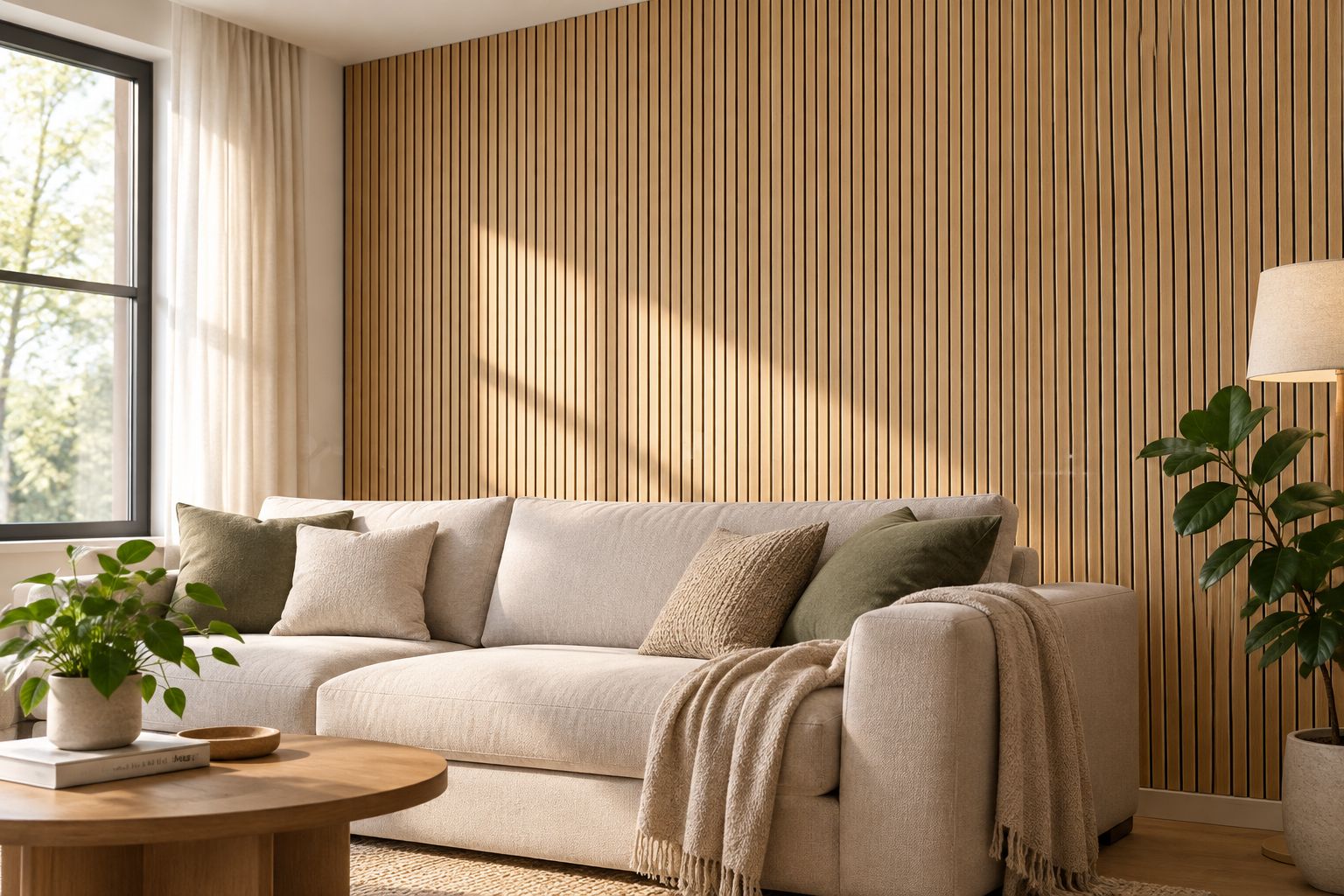 Natural oak acoustic slat wall panel installed behind a living room sofa