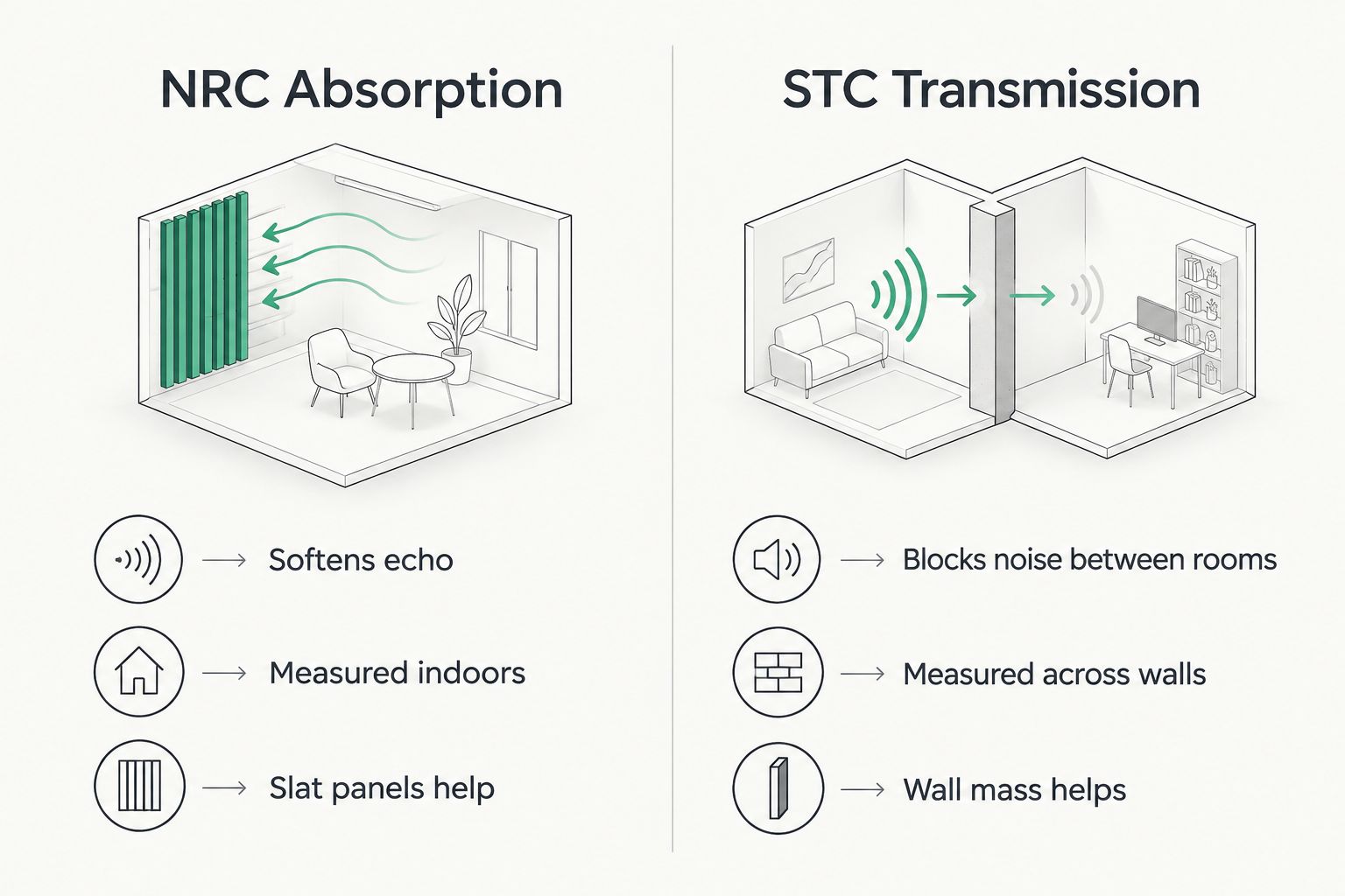 Two-column diagram comparing NRC sound absorption to STC sound transmission
