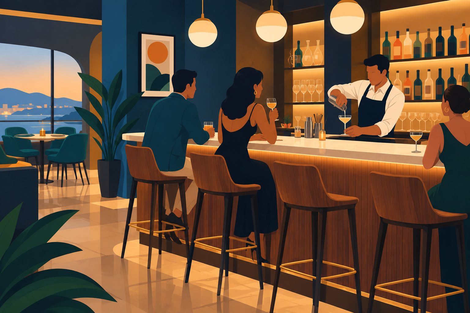 Bar counter with stools and a bartender preparing drinks in the evening