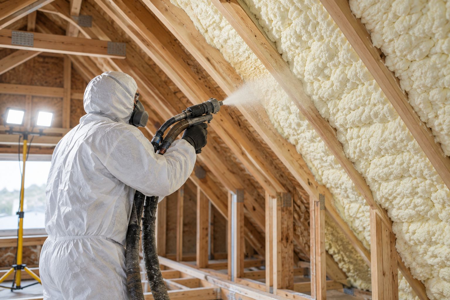 Technician applying spray foam insulation to attic rafters