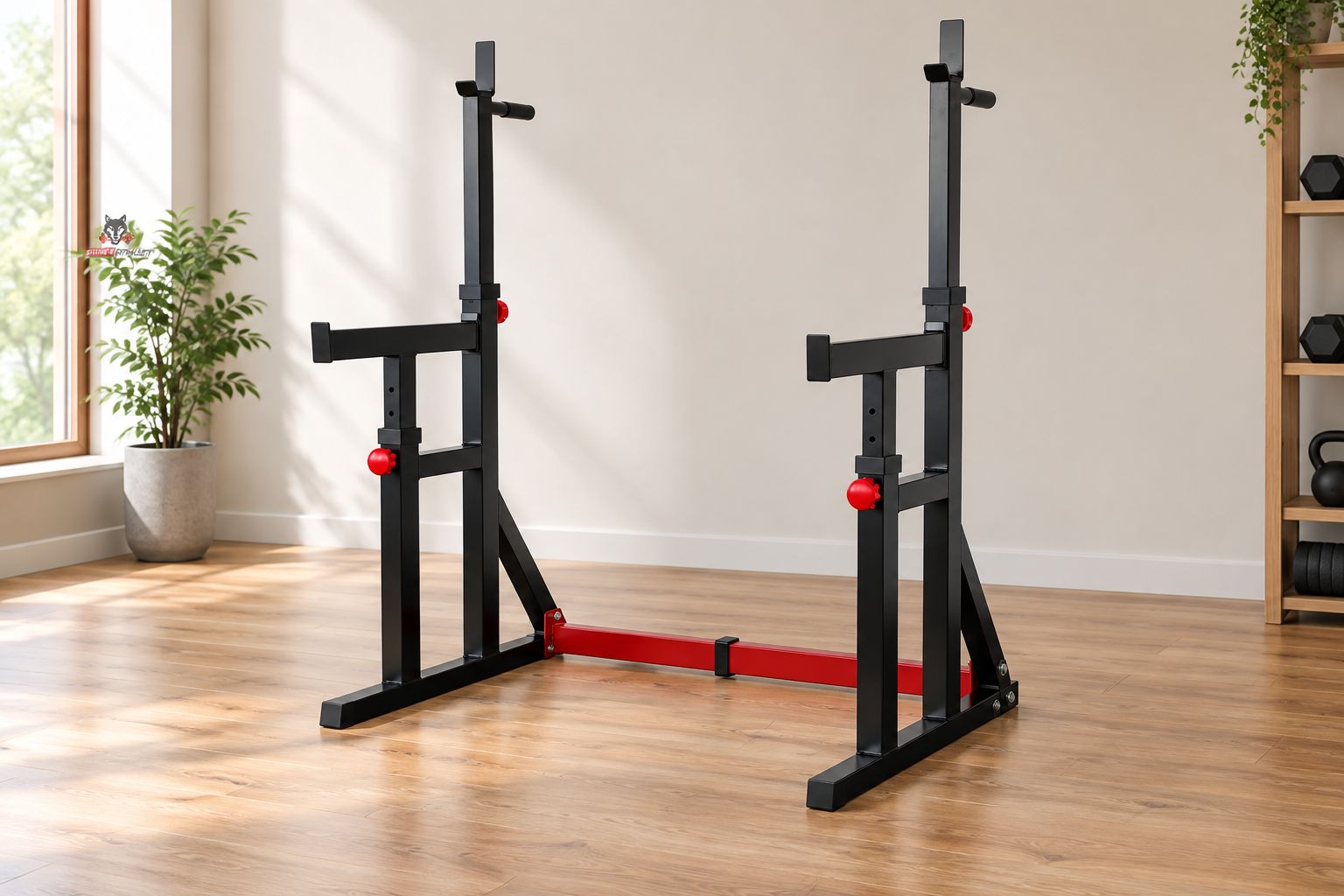 Squat Rack mit integrierten Dip-Griffen in einem aufgeräumten Trainingsraum