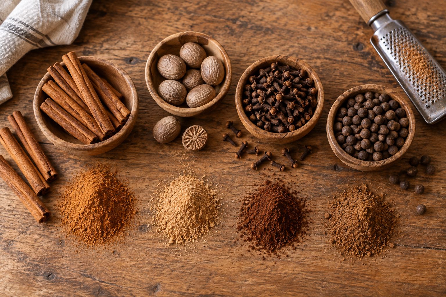 Whole baking spices beside separately prepared powders, bowls, and a fine grater