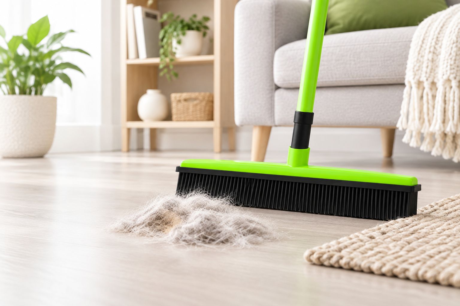 Rubber-bristled broom gathering loose cat fur beside a living-room rug