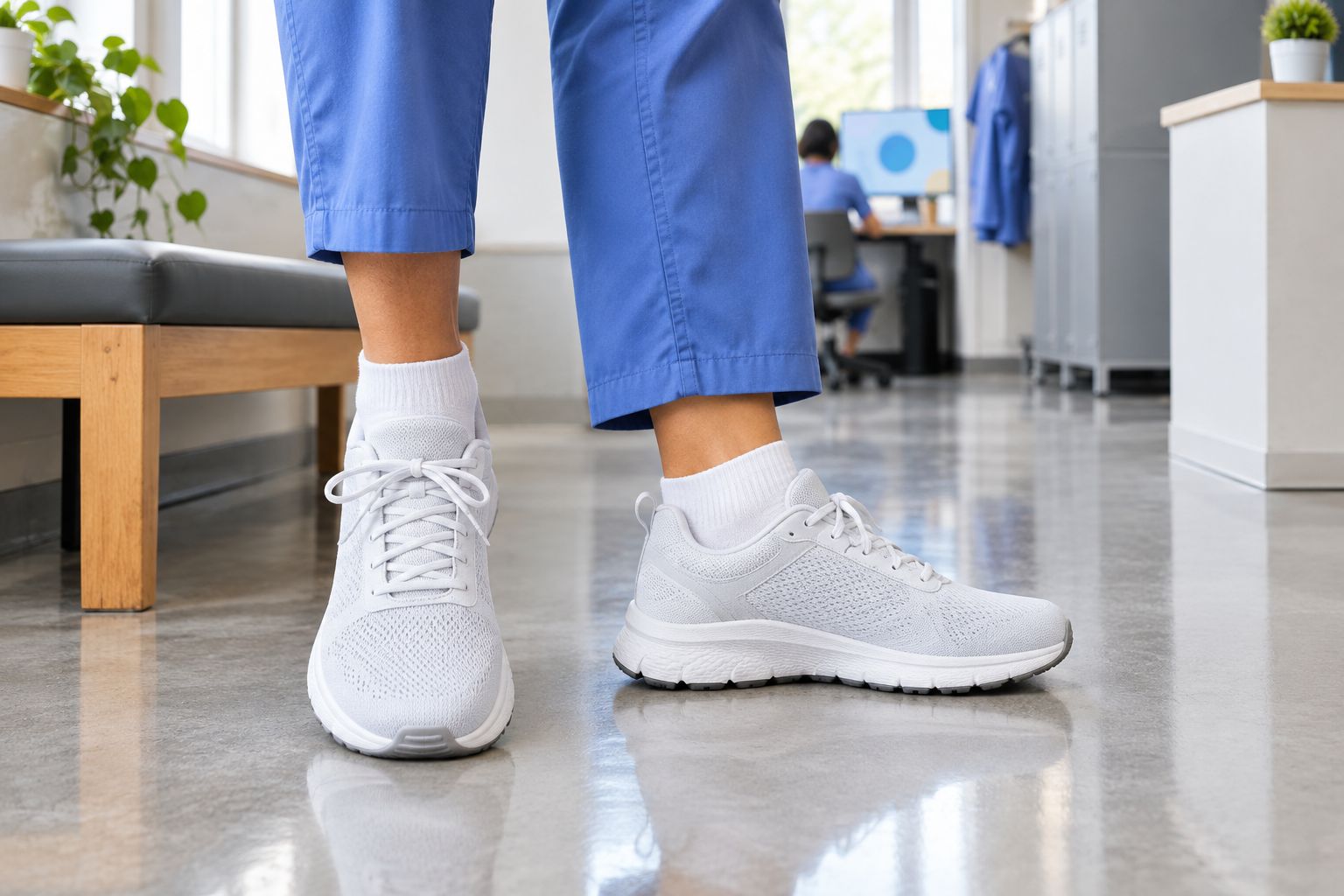 A standing adult checks the fit of unbranded work shoes with their usual socks