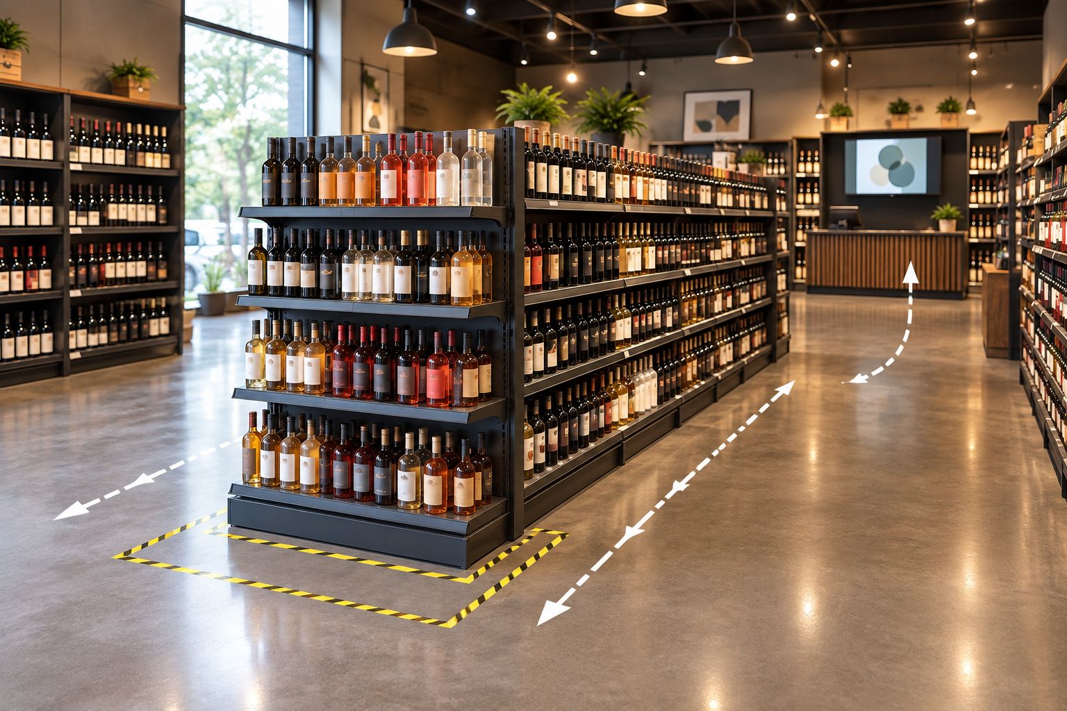 Bottle-shop aisle with a proposed end-display footprint marked on the floor