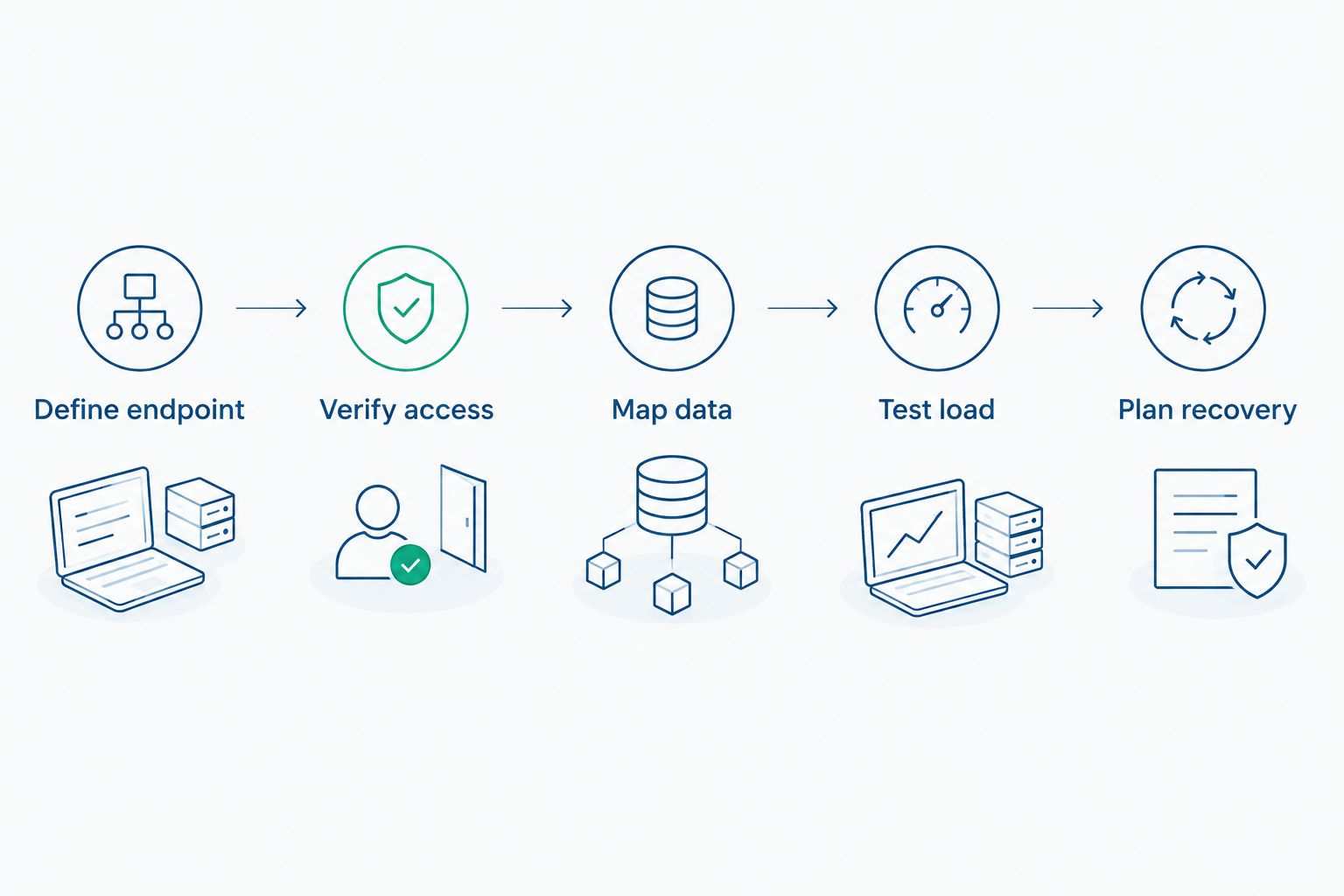Five-step PLC connectivity validation flow from endpoint definition through recovery testing