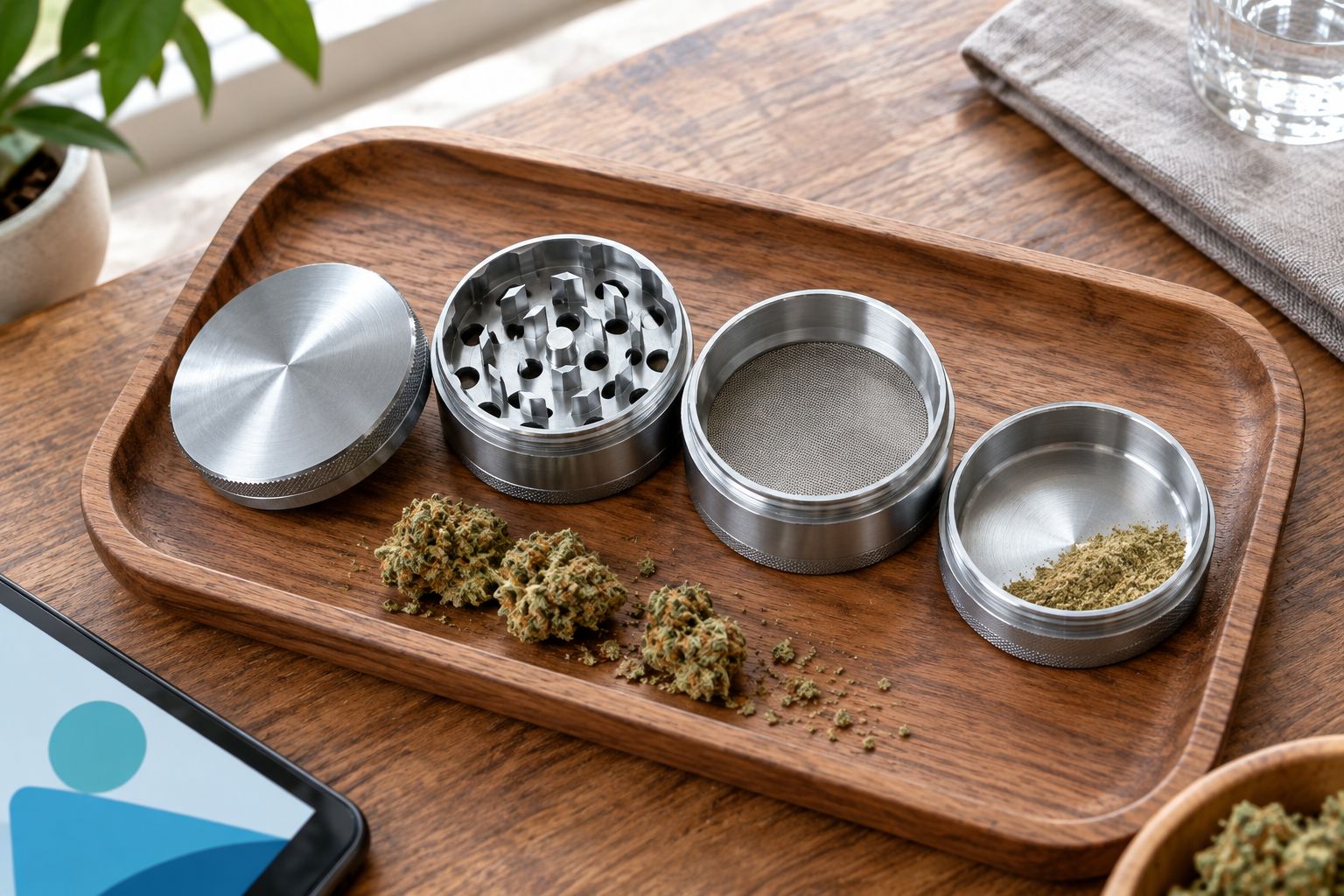 Disassembled 4-piece aluminum herb grinder showing its four chambers