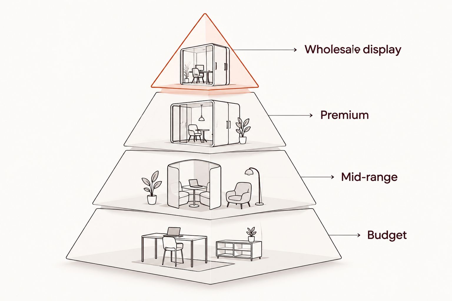 Pyramid showing four herb grinder price tiers from budget to wholesale display