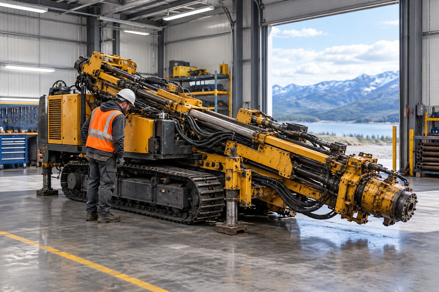 Technician inspecting hydraulic hoses on a stationary used drilling rig