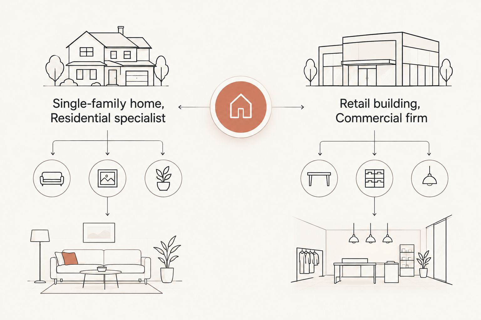 Two-column comparison matching a single-family home to a residential specialist and a retail building to a commercial firm