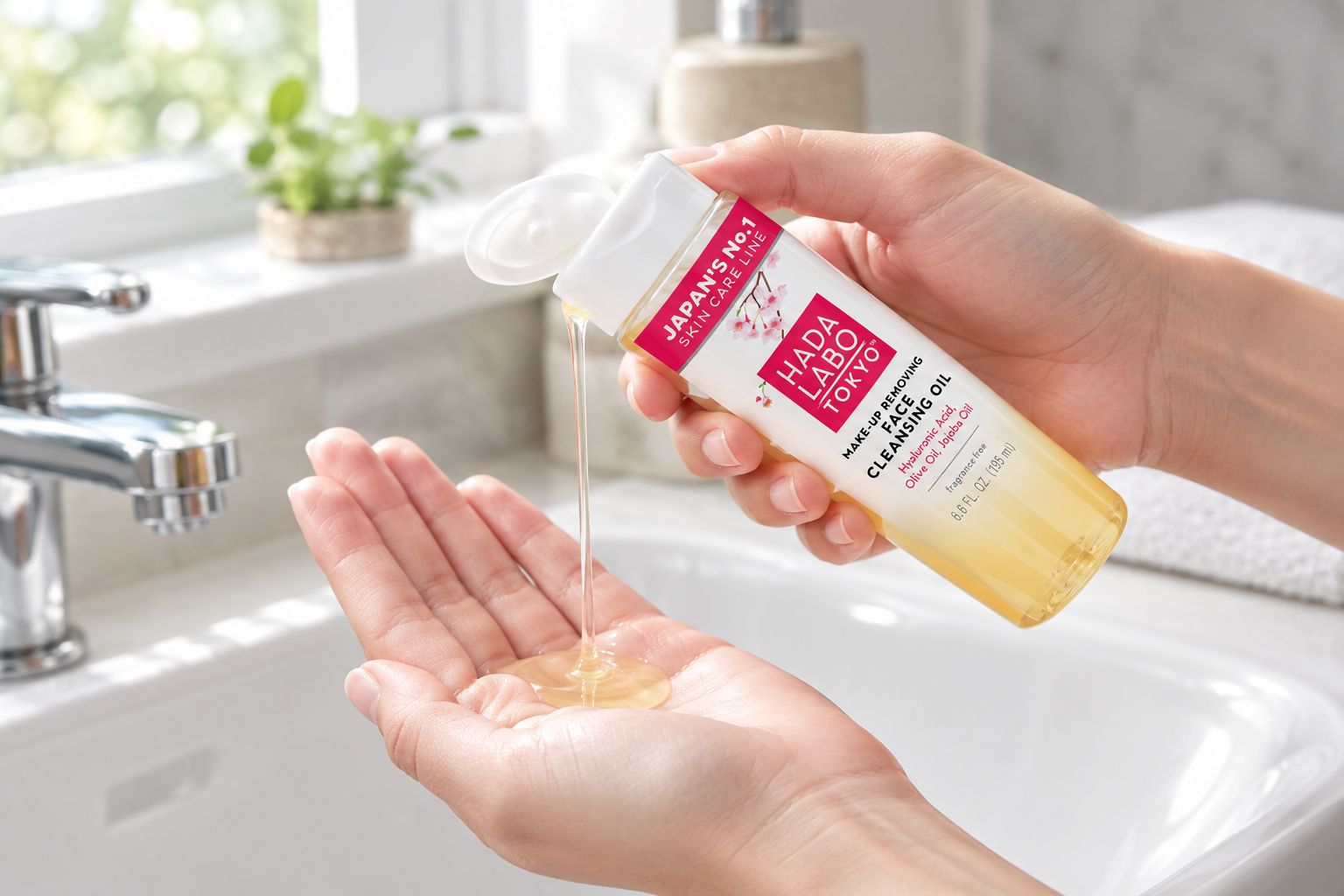 Hand dispensing cleansing oil above a bathroom sink