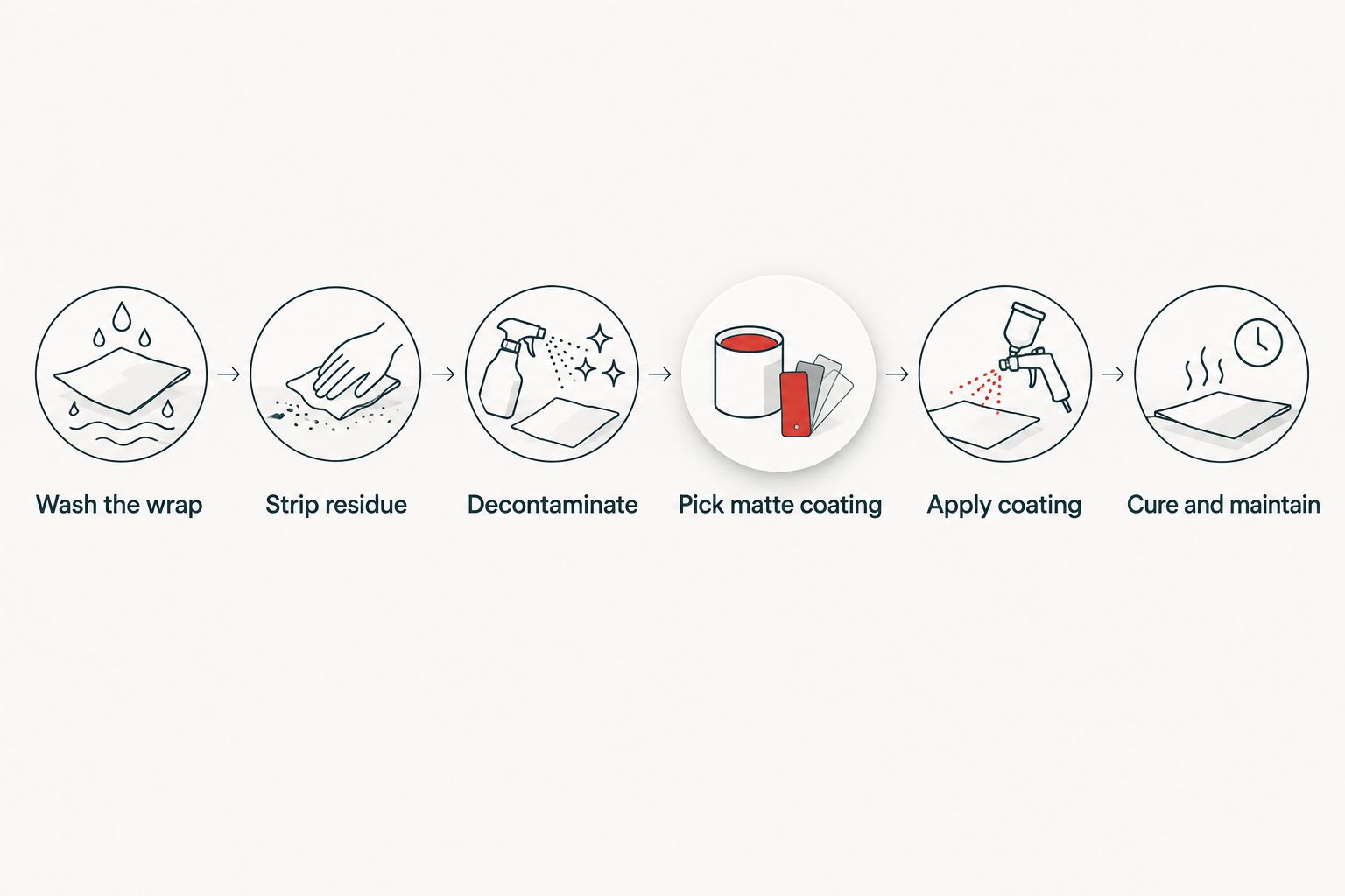Six-step diagram from washing to curing a matte vinyl wrap ceramic coating