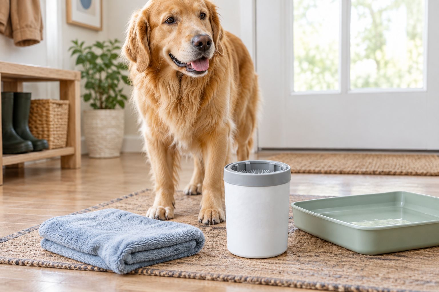 Paw cleaning cup, towel, and washable tray arranged beside a home entryway