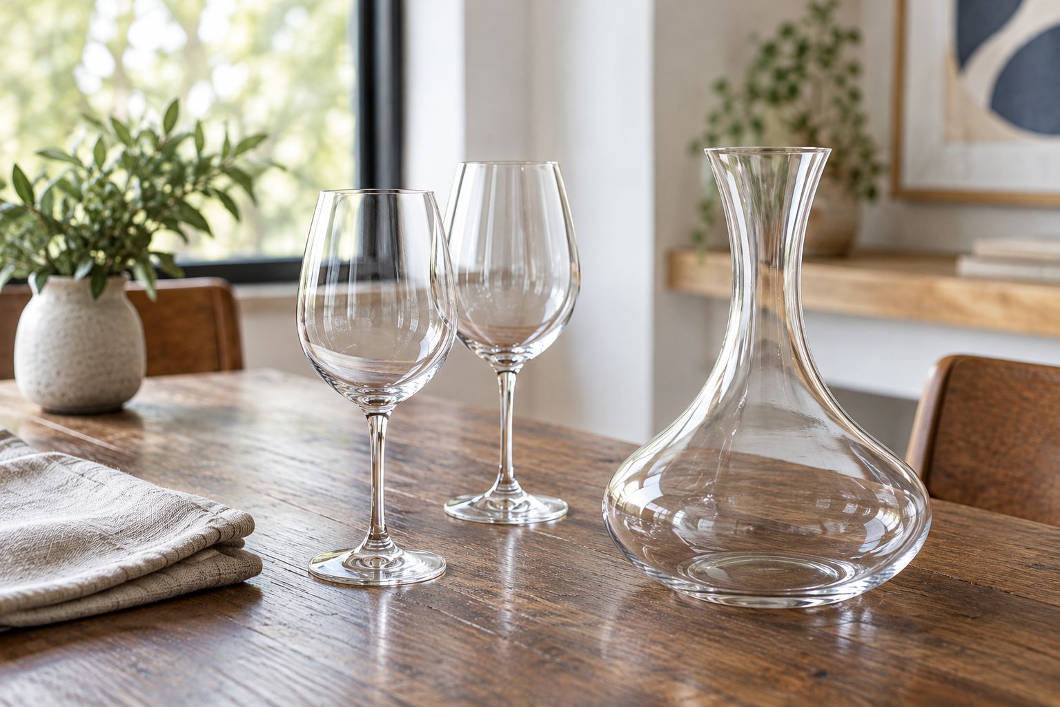 Matching wine glasses and an empty decanter arranged for a side-by-side serving comparison.