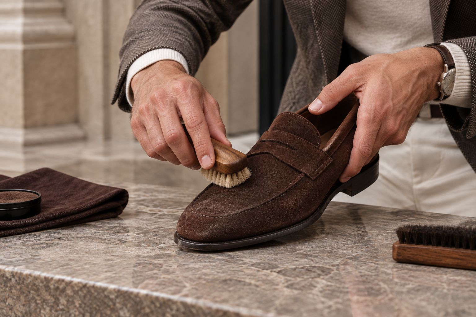 Suede brush restoring the nap on a scuffed suede shoe