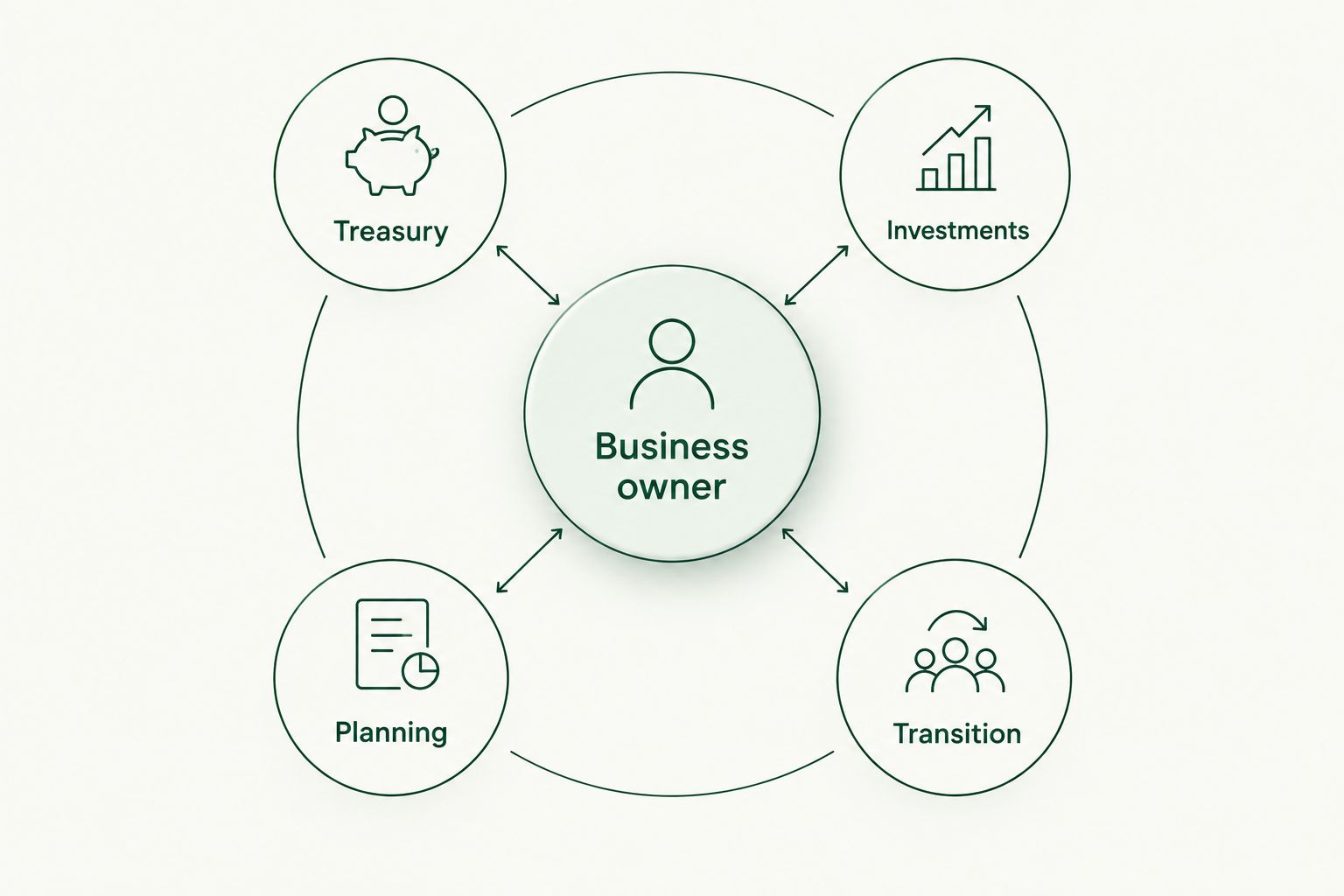 Business owner connected to treasury, investments, planning, and transition decisions