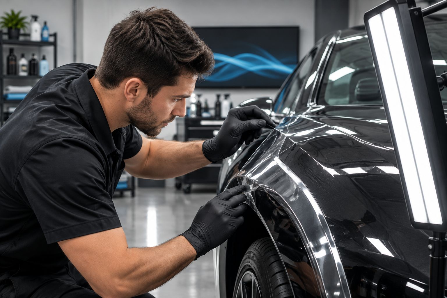Next powered by EA Detailer Technician inspecting transparent protective film alignment around a curved car panel edge