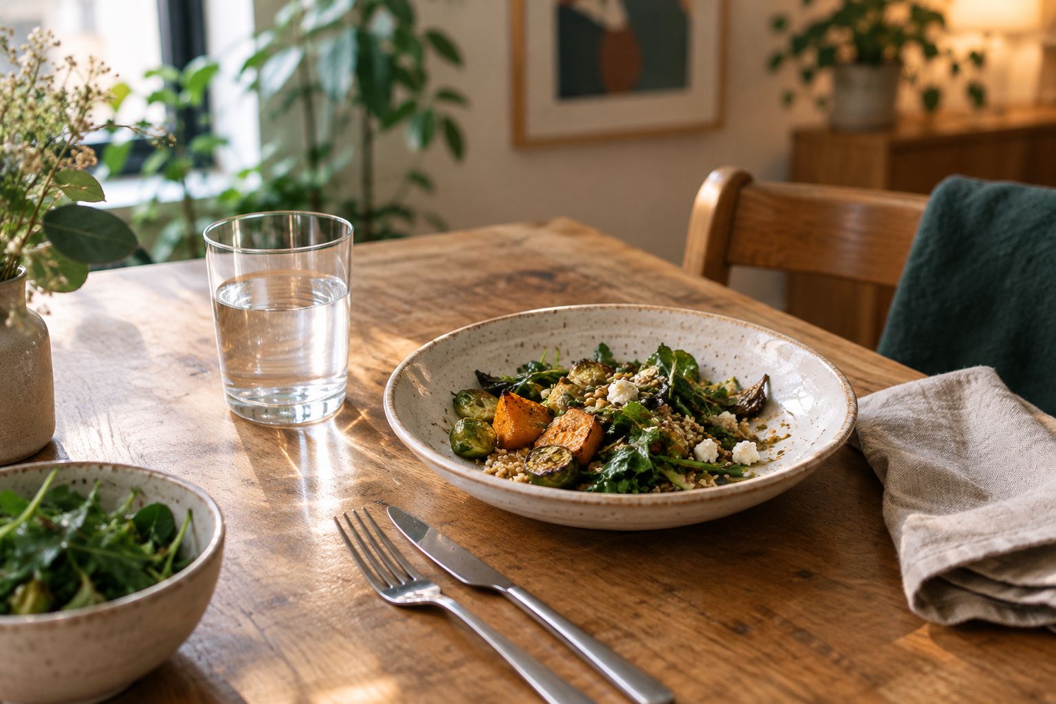 Bottle-free dinner table with water and food within reach