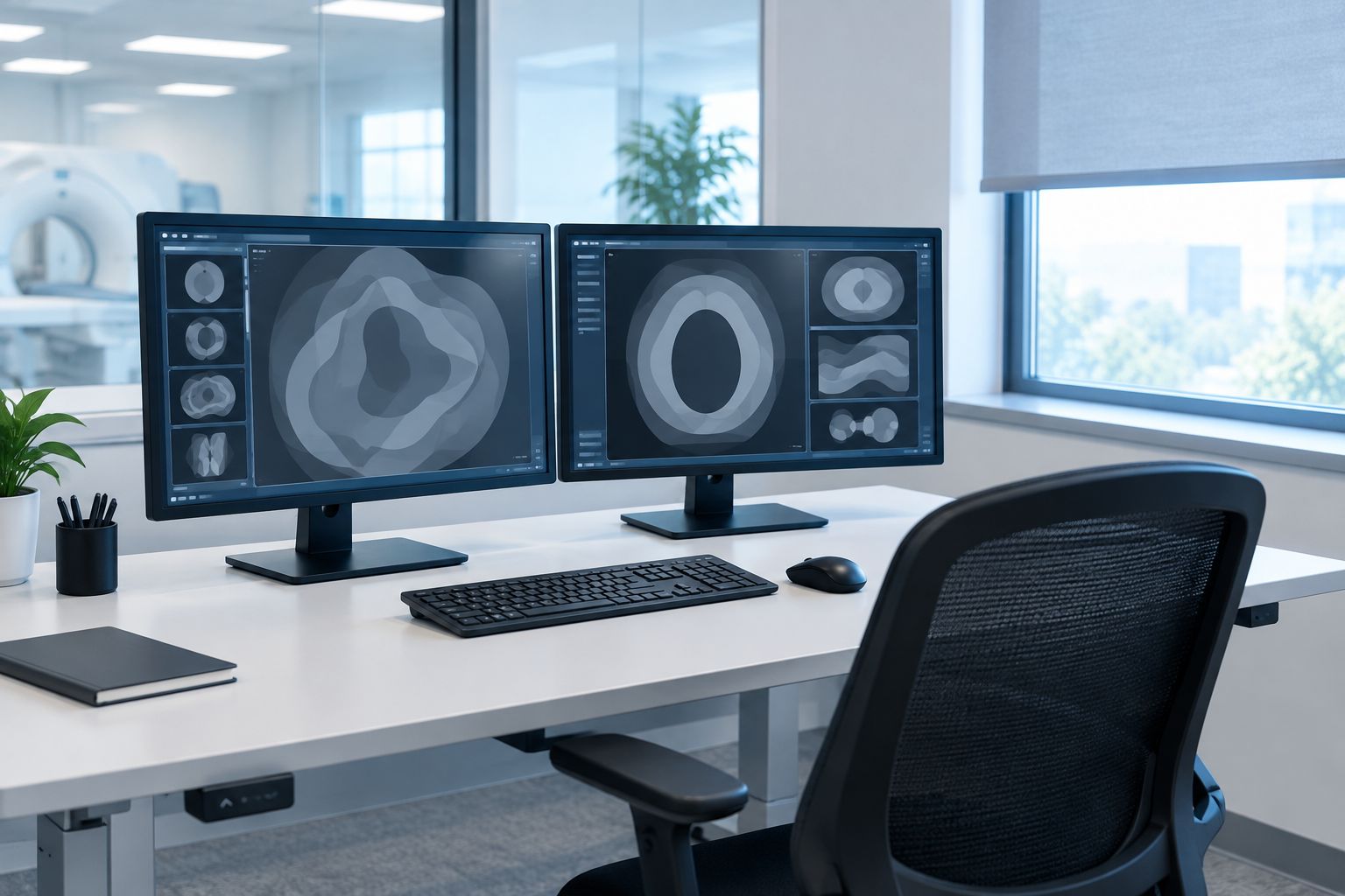 Medical imaging workstation with adjustable displays and a blind controlling window reflections