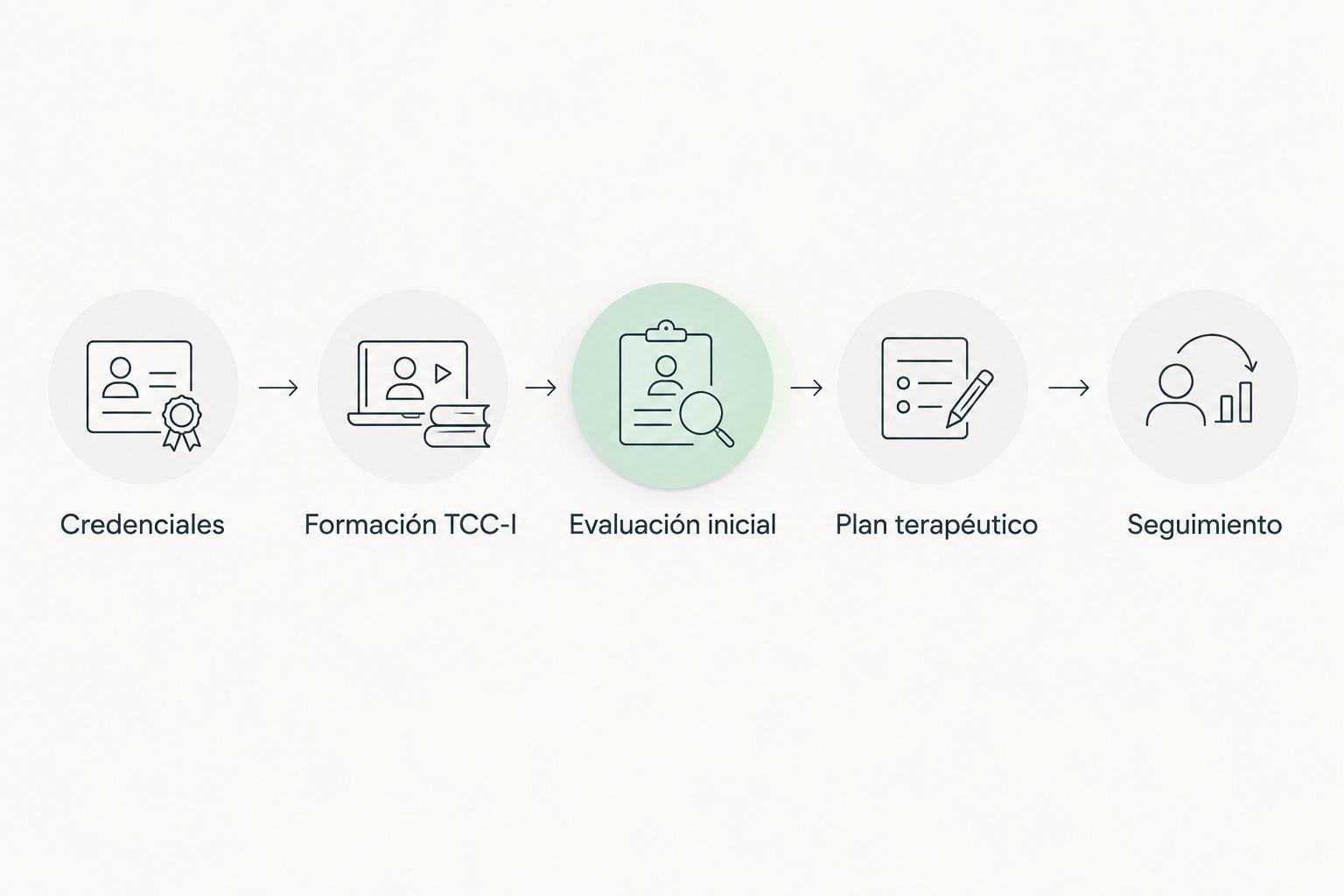 Secuencia para verificar credenciales, formación, evaluación, plan terapéutico y seguimiento.