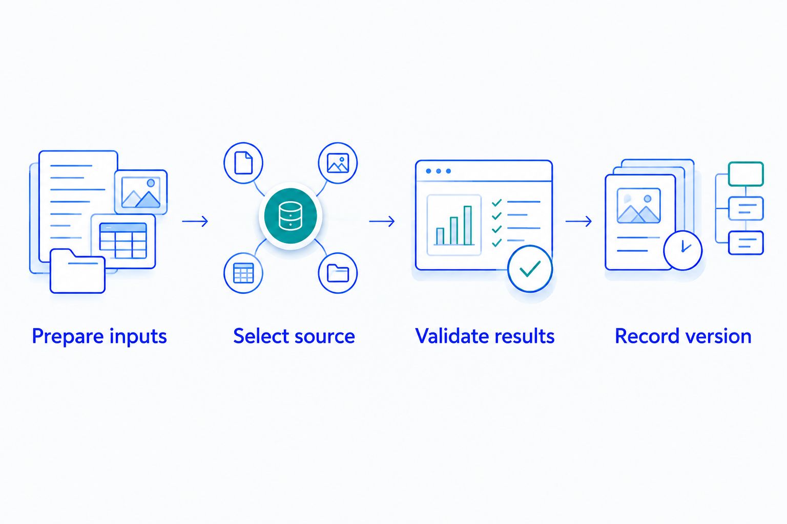 Four steps for reviewing tax inputs, selecting data, validating results, and recording the version