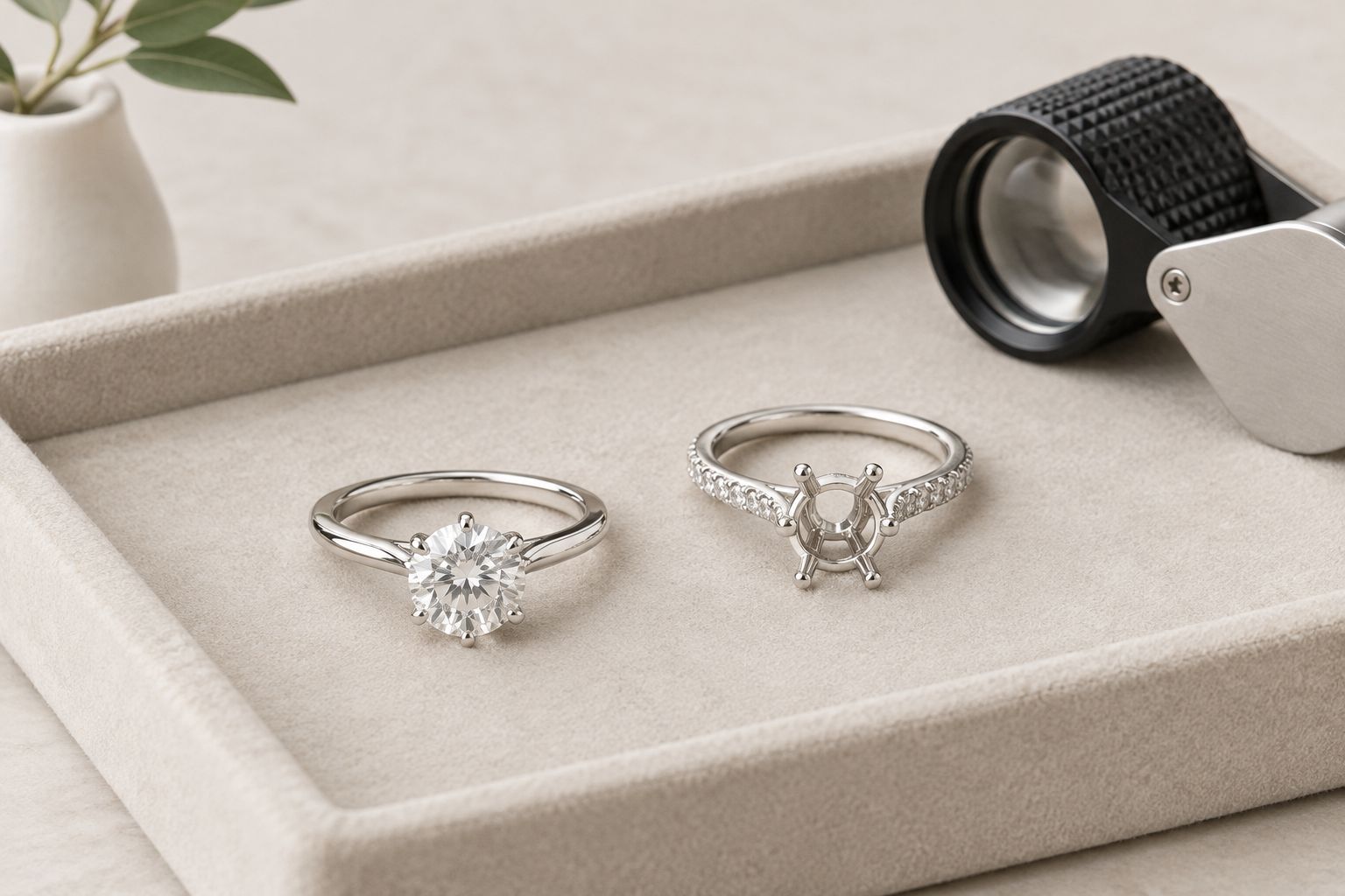 A reset diamond ring beside an empty original mounting on a jeweler’s tray