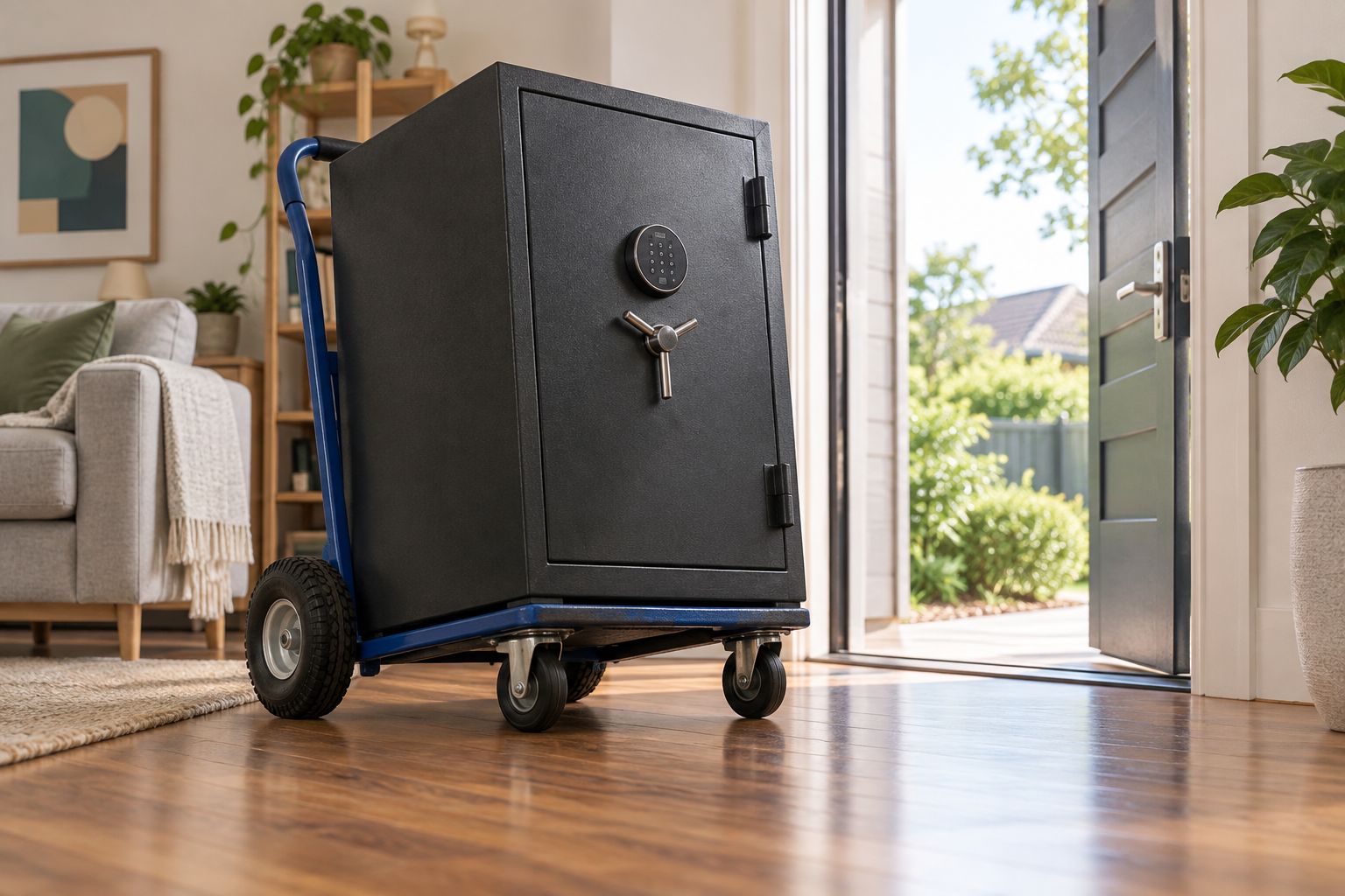 An upright safe on a moving trolley beside a clear doorway
