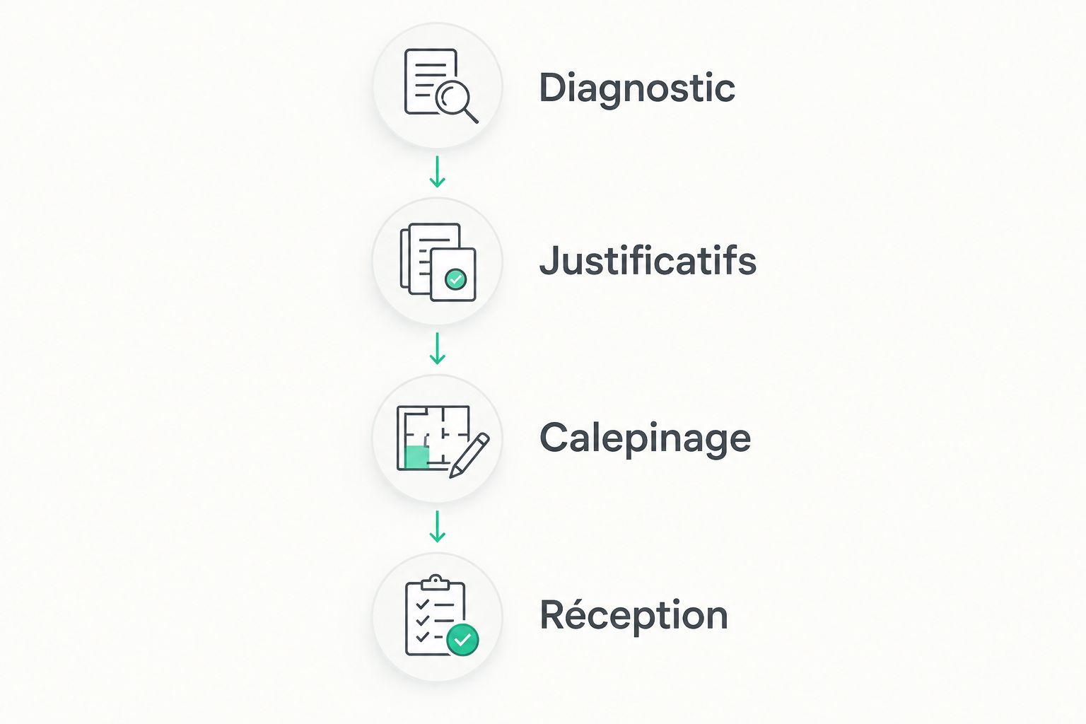 Quatre jalons de prescription : diagnostic, justificatifs, calepinage et réception.