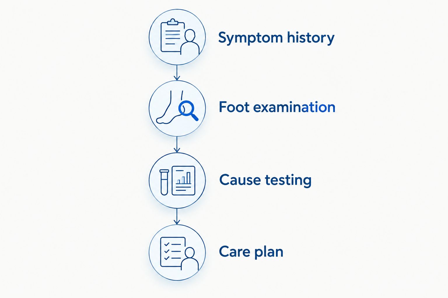 Evaluation steps from symptom history and foot examination to cause testing and a care plan.