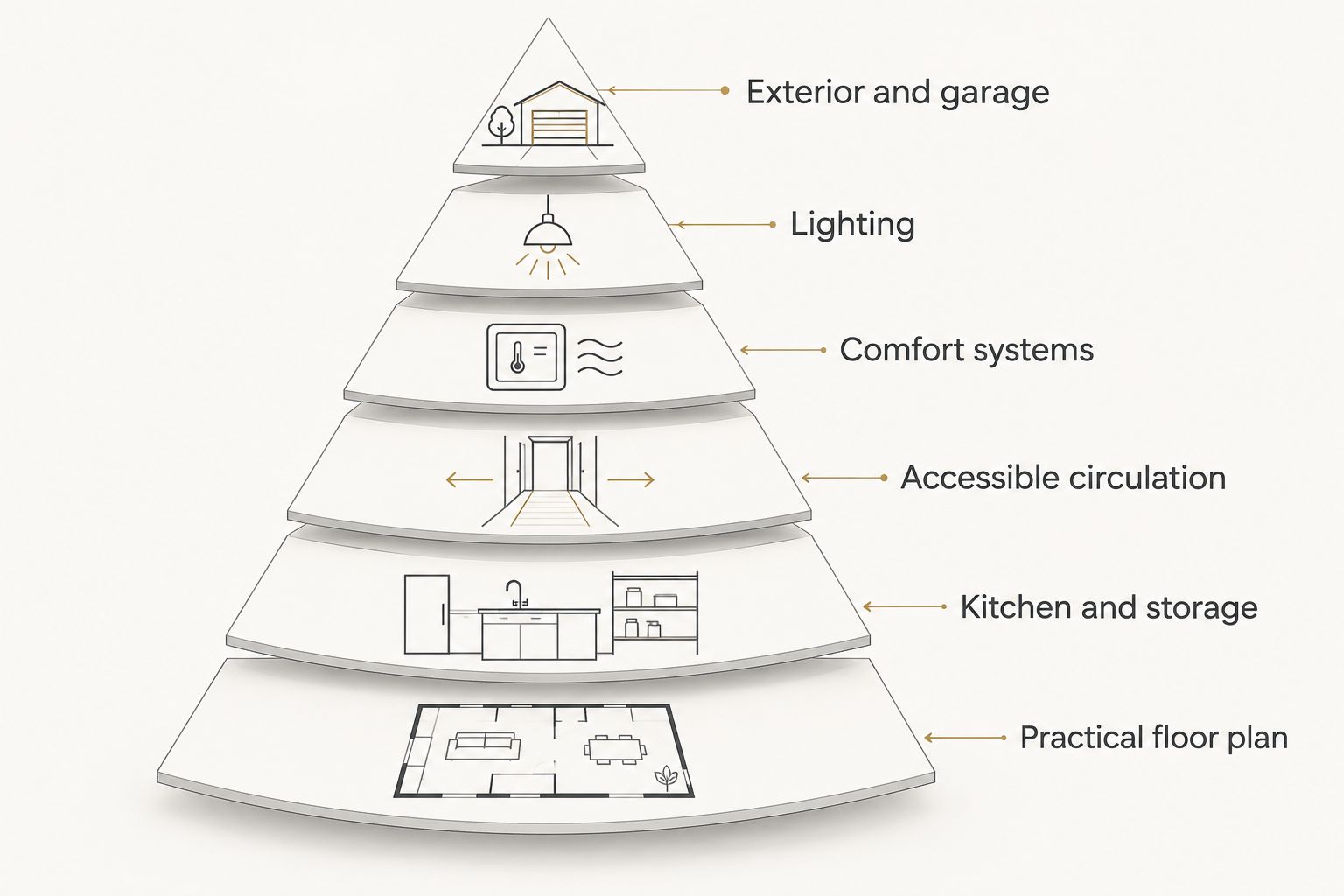 Priority pyramid for evaluating the layout, storage, circulation, systems, lighting, and exterior of a finished home.
