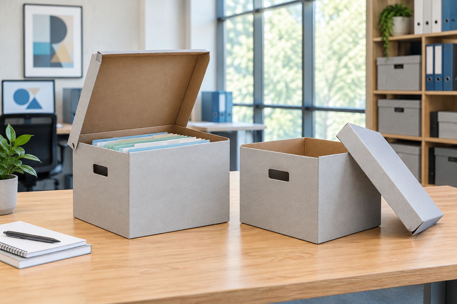 Attached-lid and separate-lid corrugated document boxes open on a records-room table