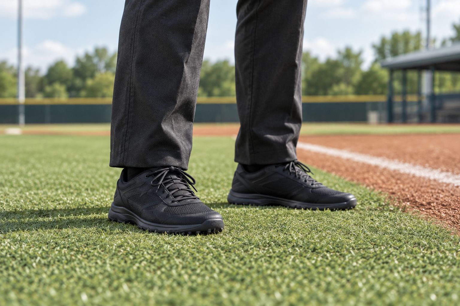 Low-profile turf shoes on a synthetic baseball infield