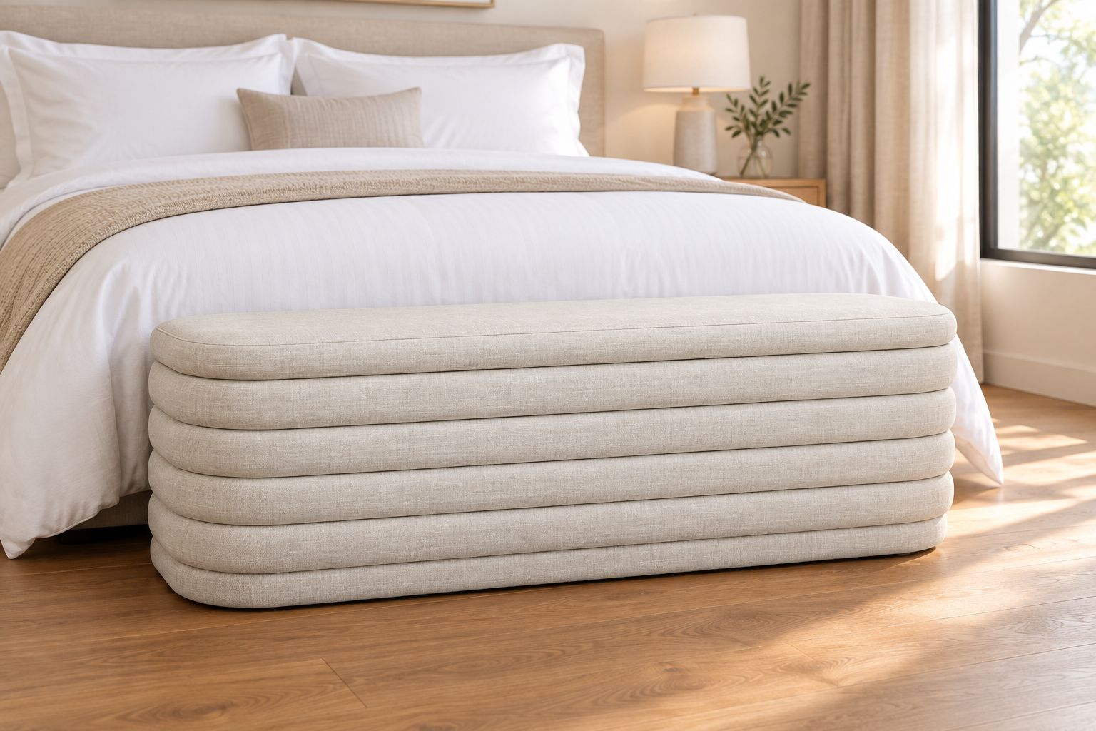 Beige linen storage bench ottoman at the foot of a bed with white hotel-style bedding