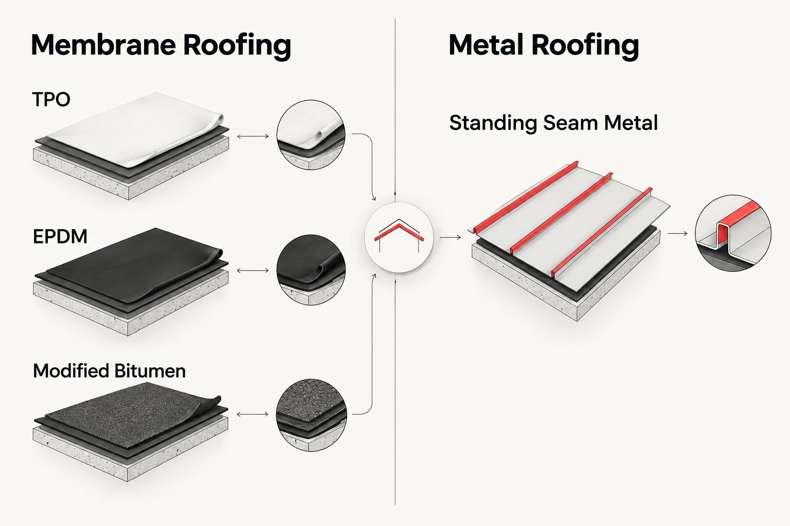 Two-column comparison of membrane roofing types versus standing-seam metal roofing