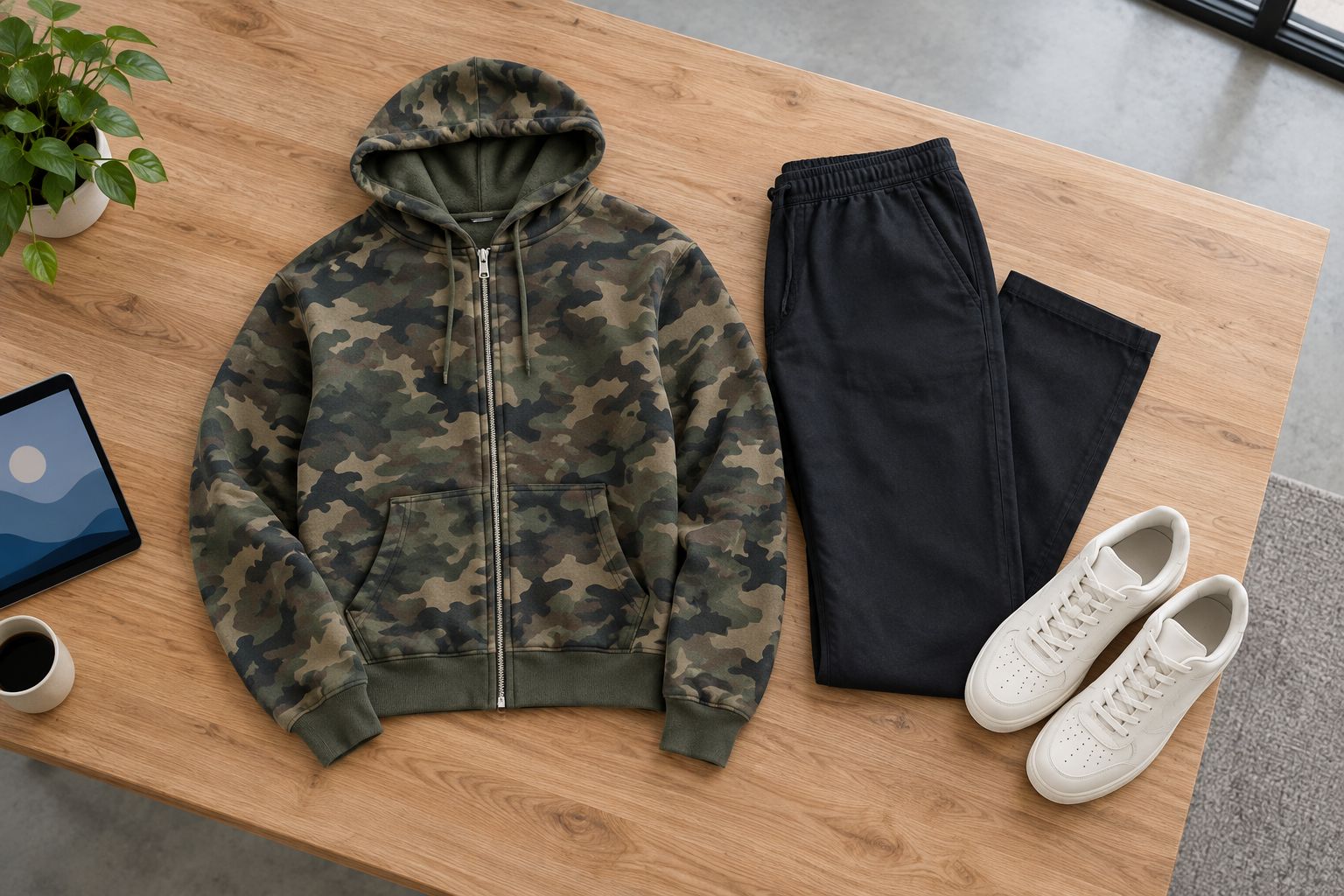 An unbranded camo zip-up paired with solid-color trousers and plain sneakers