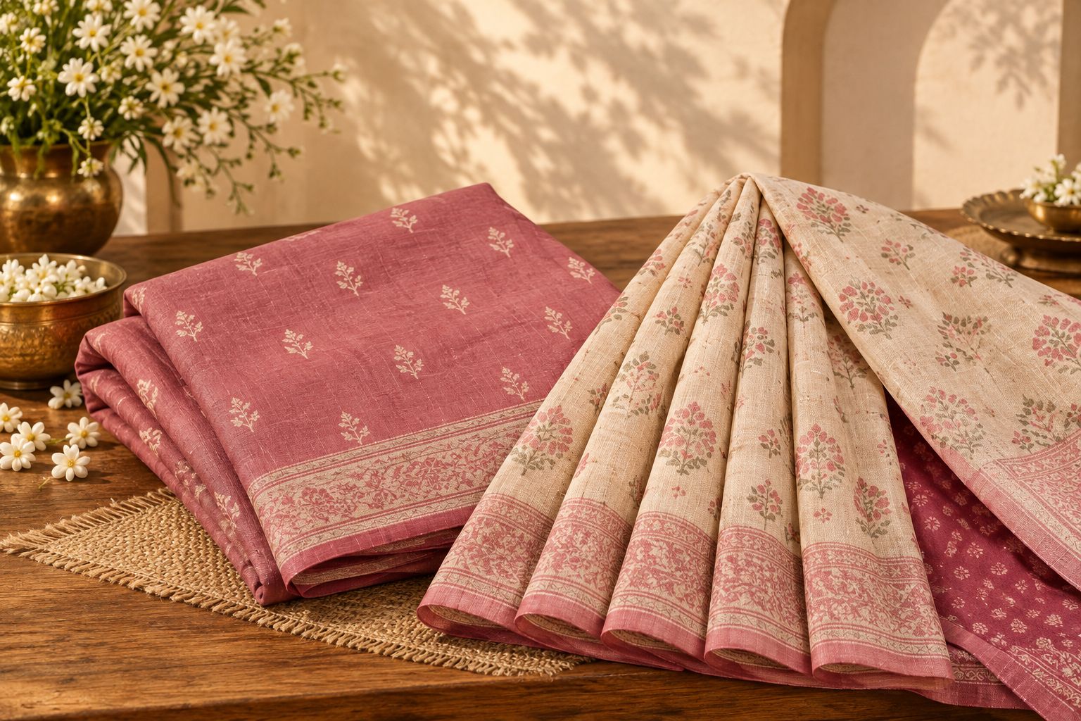 Soft folds and crisp pleats in cotton saree fabrics shown beside their borders