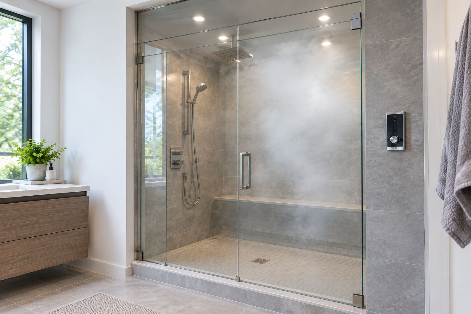 Frameless shower entrance with a fixed glass transom closing the space above the door